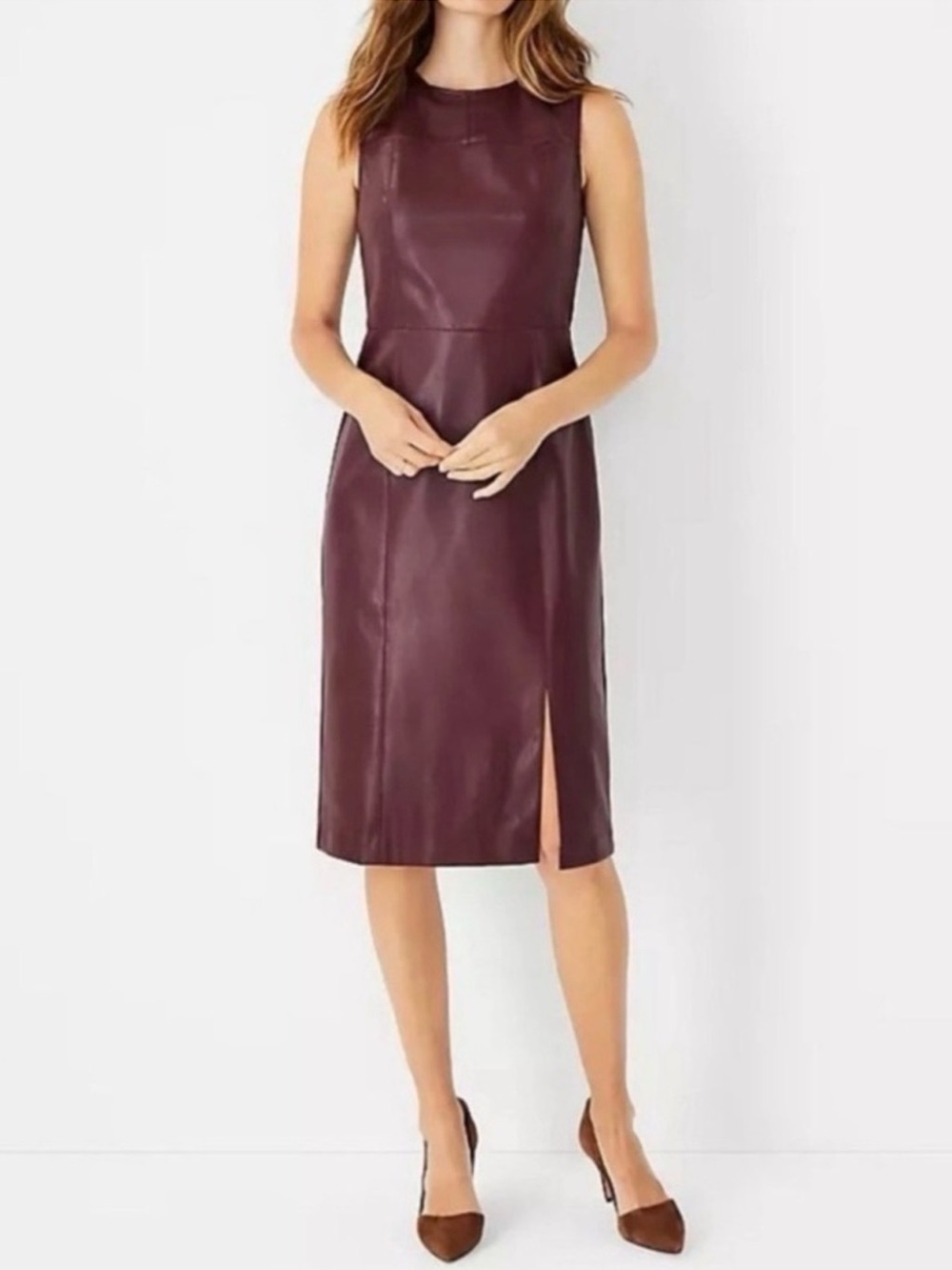 Ann Taylor Sleeveless Faux Leather Shift Dress in Deep Plum size 12